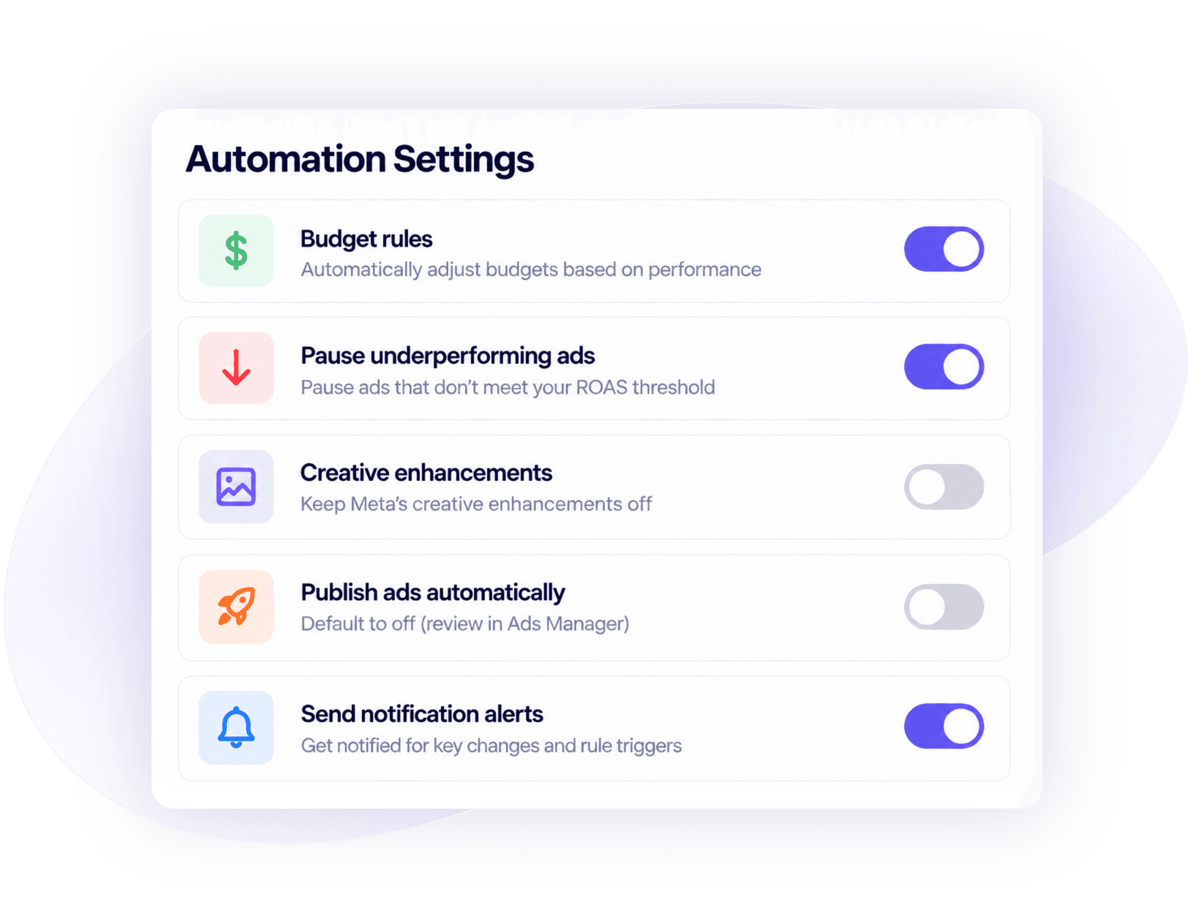 Launchfast automation settings for budget rules, pauses, and alerts