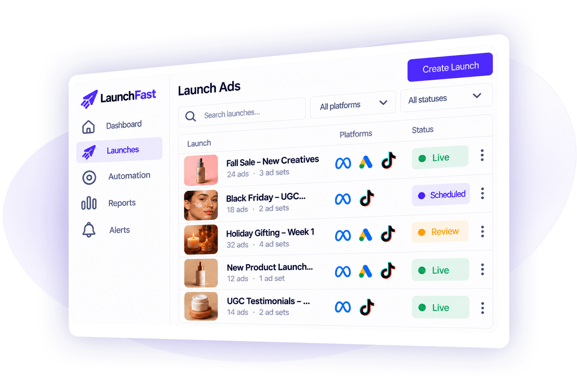 Launchfast Launch Ads view with campaigns, platforms, and status filters